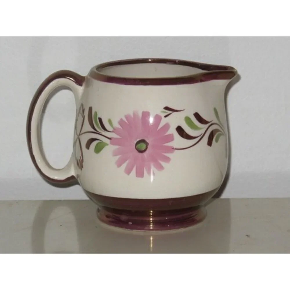 Gray's Pottery‎ Copper Lusterware Creamer Leaves Pink Flower 3.5